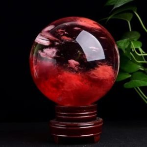 Goodsright Decor Natural Red Smelting Quartz Gemstone Ball Healing Crystal Sphere with Wooden Stand Home feng Shui Ornaments (M(Diameter 8CM/3.14inch))
