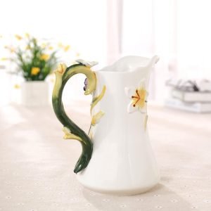Goodsright Decor Large Ceramic Water Pitcher Flower Vase, Hand-Painted Dancing Butterfly and Lily Design Home Decor Bouquet Holder-8.3H Inches