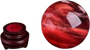 Goodsright Decor Natural Red Smelting Quartz Gemstone Ball Healing Crystal Sphere with Wooden Stand Home feng Shui Ornaments (M(Diameter 8CM/3.14inch))