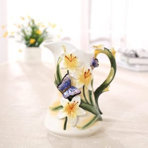 Goodsright Decor Large Ceramic Water Pitcher Flower Vase, Hand-Painted Dancing Butterfly and Lily Design Home Decor Bouquet Holder-8.3H Inches