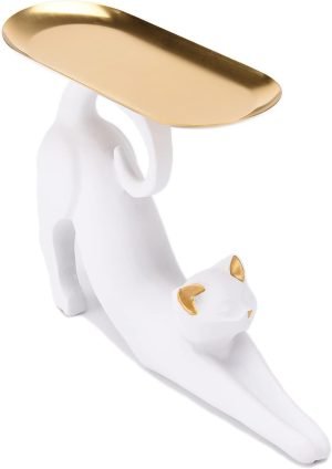 Goodsright Decor Resin Cat Stretching Tray Statue Tray for Keys Candy Jewelry Ring Fruit, Modern White Living Room Bedroom Decoration TQGJPT505