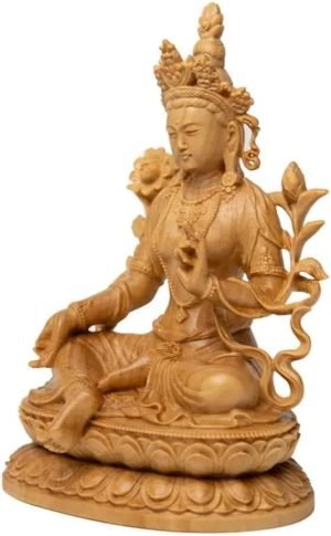 Goodsright Decor 10cm Hand-Carved Wooden Buddha Statue Green Tara Bodhisattva Guanyin Lotus Base Ornament