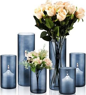 Goodsright Decor 6 Pcs Blue Glass Cylinder Vases Hurricane Candle Holders Pillar Candle Holders Vases Blue Vase Candle Holder Clear Glass Flowers Vases for Valentine Wedding Kitchen Table Centerpiece Decoration