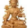 Goodsright Decor 10cm Hand-Carved Wooden Buddha Statue Green Tara Bodhisattva Guanyin Lotus Base Ornament