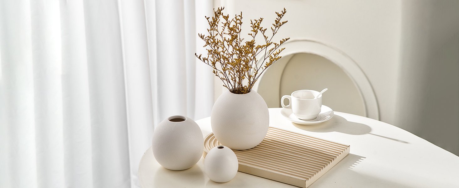 Ceramic Vase Set of 3 for Modern Home Decor, Boho Vase White Round Vase Minimalist Decorative Vase