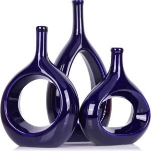 Goodsright Decor Navy Blue Vase Set of 3,Unique Hollow Blue Vase,Blue Pampas Grass Vase Ceramics Living Room Decorations,Red Home Decor Small Vases for Living Room,Bedroom,Coffee Table,Fireplace,Bookshelf,Dining Table