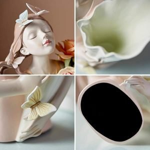 Goodsright Decor Flower Vase Modern Girl Figurine Plant Pot Flower Arrangement Dry Flower Stem Holder Living Room TV Cabinet Home Decoration Accessories Figurines - Pink 20x15x32cm