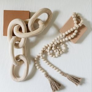Goodsright Decor Decorative Wood Chain Link and Bead Garland Set | Hand Carved Pine Wood Chain Decor | Modern Farmhouse Decor Set | Aesthetic Room Decor | Boho Decorations for Living Room Bedroom Entryway l Brown