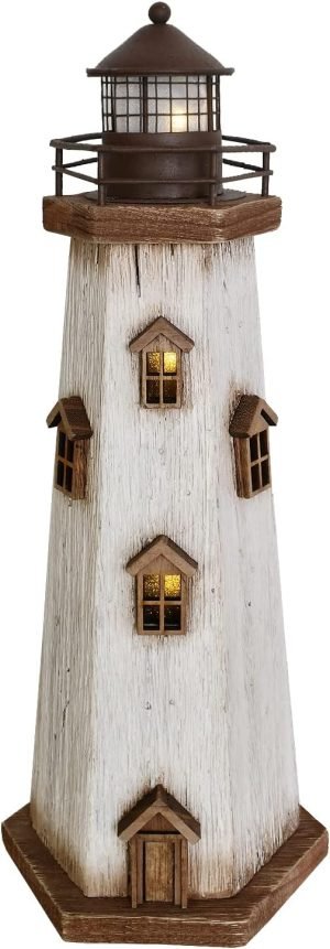 Goodsright Decor Wooden Lighthouse with Lights Nautical Tabletop Figurine Beach Themed Ornaments - Lighted Tower Light Wood Home D??cor Party Decoration (Brown)