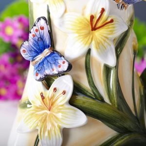 Goodsright Decor Large Ceramic Water Pitcher Flower Vase, Hand-Painted Dancing Butterfly and Lily Design Home Decor Bouquet Holder-8.3H Inches