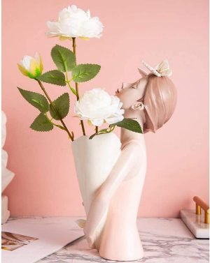 Goodsright Decor Flower Vase Modern Girl Figurine Plant Pot Flower Arrangement Dry Flower Stem Holder Living Room TV Cabinet Home Decoration Accessories Figurines - Pink 20x15x32cm