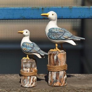 Goodsright Decor Wooden Seagull Figurine Sea Bird Sculpture Mediterranean Style Bird Statue Craft Ornament Decoration Gift for Home Decoration (Big and Small for 1 Set) 2pcs