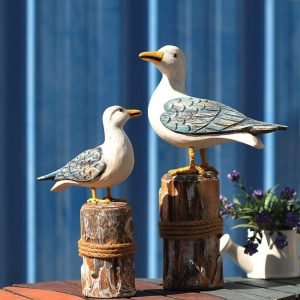 Goodsright Decor Wooden Seagull Figurine Sea Bird Sculpture Mediterranean Style Bird Statue Craft Ornament Decoration Gift for Home Decoration (Big and Small for 1 Set) 2pcs