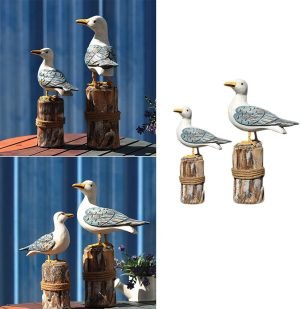 Goodsright Decor Wooden Seagull Figurine Sea Bird Sculpture Mediterranean Style Bird Statue Craft Ornament Decoration Gift for Home Decoration (Big and Small for 1 Set) 2pcs