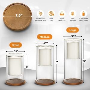 Goodsright Decor Set of 3 Glass Hurricane Candle Holders with Beech Wood Coasters, Crystal Clear Glass Pillar Candle Holders 4??, 8?? and 10?? Tall, Decorative Centerpieces for Home, Weddings or Celebrations