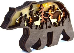 Goodsright Decor Animal 12inch Shark Decor,Wooden Home Shark Statues and Figurines,Shark Wall Ornament Multilayer Woodland,Shark Silhouette and Sculpture,Shark Decoration for Wall Shelf Wood(Shark+Light)