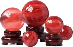 Goodsright Decor Natural Red Smelting Quartz Gemstone Ball Healing Crystal Sphere with Wooden Stand Home feng Shui Ornaments (M(Diameter 8CM/3.14inch))