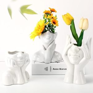 61z1qZk6gCL._AC_SL1500 Goodsright Decor 3 Pcs Ceramic Face Vase Female Form Vase Modern Body Vase Decorative Head Vase Head Half Body Bust Vases Face Flower Vases for Decor Centerpiece Home Bedroom Room Table Shelf Office (White, Large)