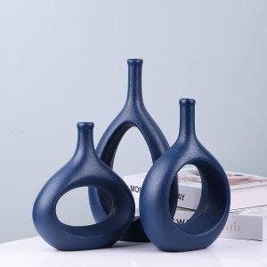 Goodsright Decor Navy Blue Vase Set of 3,Unique Hollow Blue Vase,Blue Pampas Grass Vase Ceramics Living Room Decorations,Red Home Decor Small Vases for Living Room,Bedroom,Coffee Table,Fireplace,Bookshelf,Dining Table