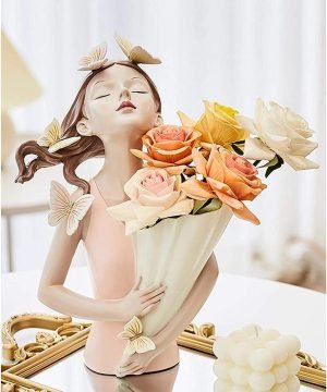 Goodsright Decor Flower Vase Modern Girl Figurine Plant Pot Flower Arrangement Dry Flower Stem Holder Living Room TV Cabinet Home Decoration Accessories Figurines - Pink 20x15x32cm