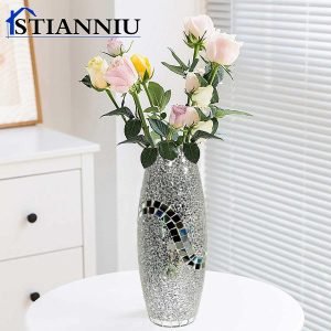 Goodsright Decor Decorative Shine Vase Stunning Handmade Mosaic Crackle Glass House Decor Table Centerpieces Modern Room Decoration (Hu-Silver)