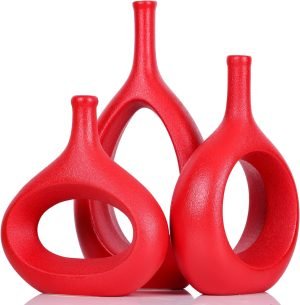 Goodsright Decor Navy Blue Vase Set of 3,Unique Hollow Blue Vase,Blue Pampas Grass Vase Ceramics Living Room Decorations,Red Home Decor Small Vases for Living Room,Bedroom,Coffee Table,Fireplace,Bookshelf,Dining Table