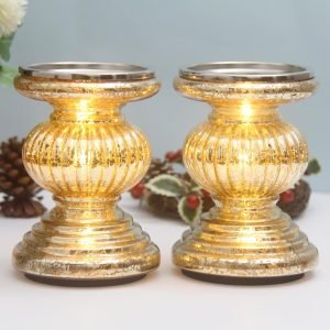 Goodsright Decor Mercury Glass Pillar Candle Pedestal Holders with Lights Set of 2,Candle Holder for Pillar Candle,Candlestick Holders,Perfect Decoration for Wedding Home Dining Table Xmas (Gold)
