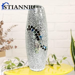 Goodsright Decor Decorative Shine Vase Stunning Handmade Mosaic Crackle Glass House Decor Table Centerpieces Modern Room Decoration (Hu-Silver)