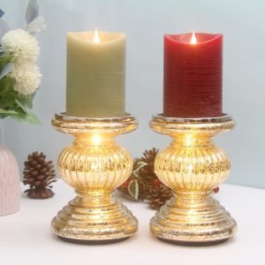 Goodsright Decor Mercury Glass Pillar Candle Pedestal Holders with Lights Set of 2,Candle Holder for Pillar Candle,Candlestick Holders,Perfect Decoration for Wedding Home Dining Table Xmas (Gold)