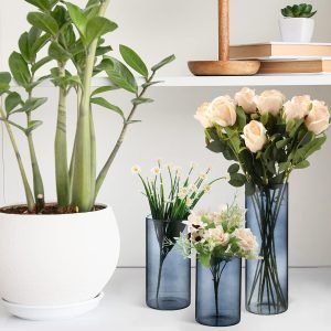 Goodsright Decor 6 Pcs Blue Glass Cylinder Vases Hurricane Candle Holders Pillar Candle Holders Vases Blue Vase Candle Holder Clear Glass Flowers Vases for Valentine Wedding Kitchen Table Centerpiece Decoration