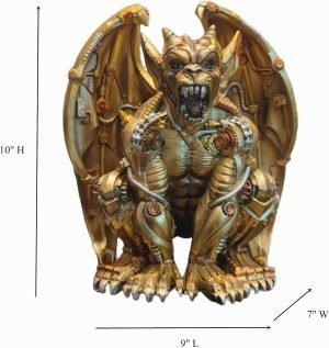 Goodsright Decor Steampunk Dungeon Roaring Gargoyle Gothic Statue Resin Gothic Sculpture Cyborg Sci-fi Collectible Figurine with Cool Gear for Home Table Book Shelf Man Cave Decor Gold