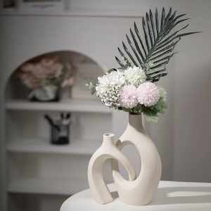 Goodsright Decor Extra Large Hollow Nordic Modern Ceramic Vases Set of 2, Milky White Aesthetic Round Donut Boho ins Style Flower Decorative Vase for Room Home Book Shelf Table Decor (Matte W 8.5" X H 11")