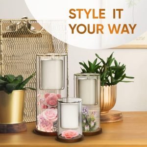 Goodsright Decor Set of 3 Glass Hurricane Candle Holders with Beech Wood Coasters, Crystal Clear Glass Pillar Candle Holders 4??, 8?? and 10?? Tall, Decorative Centerpieces for Home, Weddings or Celebrations