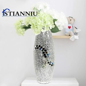 Goodsright Decor Decorative Shine Vase Stunning Handmade Mosaic Crackle Glass House Decor Table Centerpieces Modern Room Decoration (Hu-Silver)