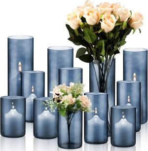 Goodsright Decor 6 Pcs Blue Glass Cylinder Vases Hurricane Candle Holders Pillar Candle Holders Vases Blue Vase Candle Holder Clear Glass Flowers Vases for Valentine Wedding Kitchen Table Centerpiece Decoration