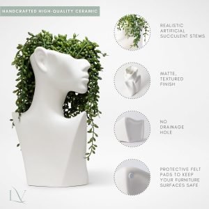 Goodsright Decor Luxurious 10.5" Matte White Ceramic Face Vase Set, with 4 Artificial Succulent Hanging Plant Stems Modern Nuetral Decor Living Room Home Office Bookshelf Decorations Head Vase with Faux Hanging Stems