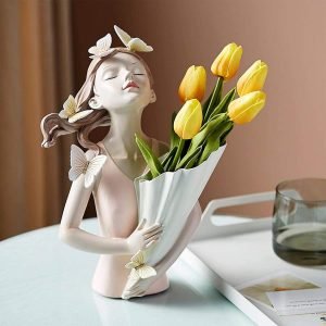 Goodsright Decor Flower Vase Modern Girl Figurine Plant Pot Flower Arrangement Dry Flower Stem Holder Living Room TV Cabinet Home Decoration Accessories Figurines - Pink 20x15x32cm