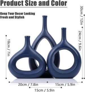 Goodsright Decor Navy Blue Vase Set of 3,Unique Hollow Blue Vase,Blue Pampas Grass Vase Ceramics Living Room Decorations,Red Home Decor Small Vases for Living Room,Bedroom,Coffee Table,Fireplace,Bookshelf,Dining Table