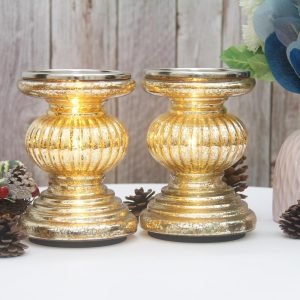 Goodsright Decor Mercury Glass Pillar Candle Pedestal Holders with Lights Set of 2,Candle Holder for Pillar Candle,Candlestick Holders,Perfect Decoration for Wedding Home Dining Table Xmas (Gold)