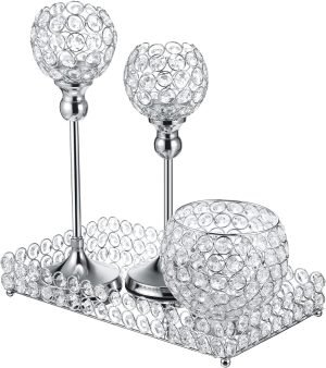 Goodsright Decor 4 Packs Crystal Candle Holders Centerpieces Table Decorations, Crystal Tea Lights Candelabras, Centerpiece Table Mirror Tray, for Vase Decoration, Wedding Centerpieces Tables Decoration (Silver)