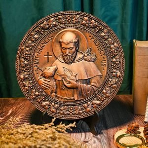 813ieB8krML._AC_SL1000 Goodsright Decor St. Francis Wood Carving Ornament Religious Idol Natural Wood Carving Wall Decor Pendant Desk Wooden Ornament Home Decor (200 * 200 * 18mm)