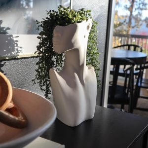 Goodsright Decor Luxurious 10.5" Matte White Ceramic Face Vase Set, with 4 Artificial Succulent Hanging Plant Stems Modern Nuetral Decor Living Room Home Office Bookshelf Decorations Head Vase with Faux Hanging Stems