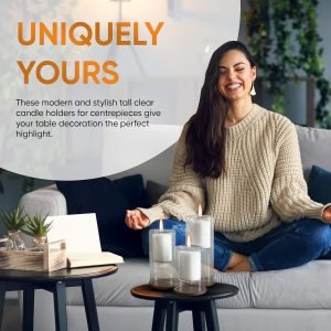 Goodsright Decor Set of 3 Glass Hurricane Candle Holders with Beech Wood Coasters, Crystal Clear Glass Pillar Candle Holders 4??, 8?? and 10?? Tall, Decorative Centerpieces for Home, Weddings or Celebrations