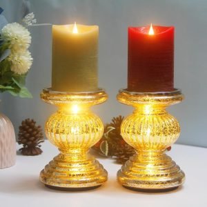 Goodsright Decor Mercury Glass Pillar Candle Pedestal Holders with Lights Set of 2,Candle Holder for Pillar Candle,Candlestick Holders,Perfect Decoration for Wedding Home Dining Table Xmas (Gold)