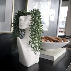 Goodsright Decor Luxurious 10.5" Matte White Ceramic Face Vase Set, with 4 Artificial Succulent Hanging Plant Stems Modern Nuetral Decor Living Room Home Office Bookshelf Decorations Head Vase with Faux Hanging Stems