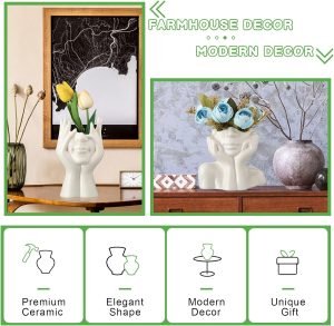 81Mmg5FfU8L._AC_SL1500 Goodsright Decor 3 Pcs Ceramic Face Vase Female Form Vase Modern Body Vase Decorative Head Vase Head Half Body Bust Vases Face Flower Vases for Decor Centerpiece Home Bedroom Room Table Shelf Office (White, Large)