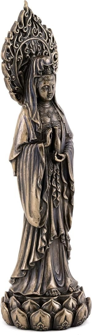 Goodsright Decor Top Collection Meditating Guan Yin Statue Standing on Lotus Pedestal- Kwan Yin Goddess of Mercy and Compassion Sculpture in Premium Cold Cast Bronze - 7.25-Inch Collectible Avalokiteshvara Figurine