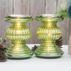 Goodsright Decor Mercury Glass Pillar Candle Pedestal Holders with Lights Set of 2,Candle Holder for Pillar Candle,Candlestick Holders,Perfect Decoration for Wedding Home Dining Table Xmas (Gold)