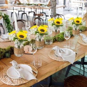 81bcfuVHATL._AC_SL1500 Goodsright Decor 43 Pcs Mason Jar Table Centerpiece 6 Sets Mason Jar Vases 18 Faux Sunflower 18 Baby's Breath 1 Rope Boho Rustic Mason Jar Table Decoration for Reception Engagement Party Bridal Shower Wedding