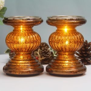 Goodsright Decor Mercury Glass Pillar Candle Pedestal Holders with Lights Set of 2,Candle Holder for Pillar Candle,Candlestick Holders,Perfect Decoration for Wedding Home Dining Table Xmas (Gold)
